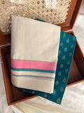 Ksm-013 pink and blue sett mundu with blouse piece
