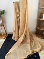 So-086 beige with sandal wood and copper zari pure linen saree