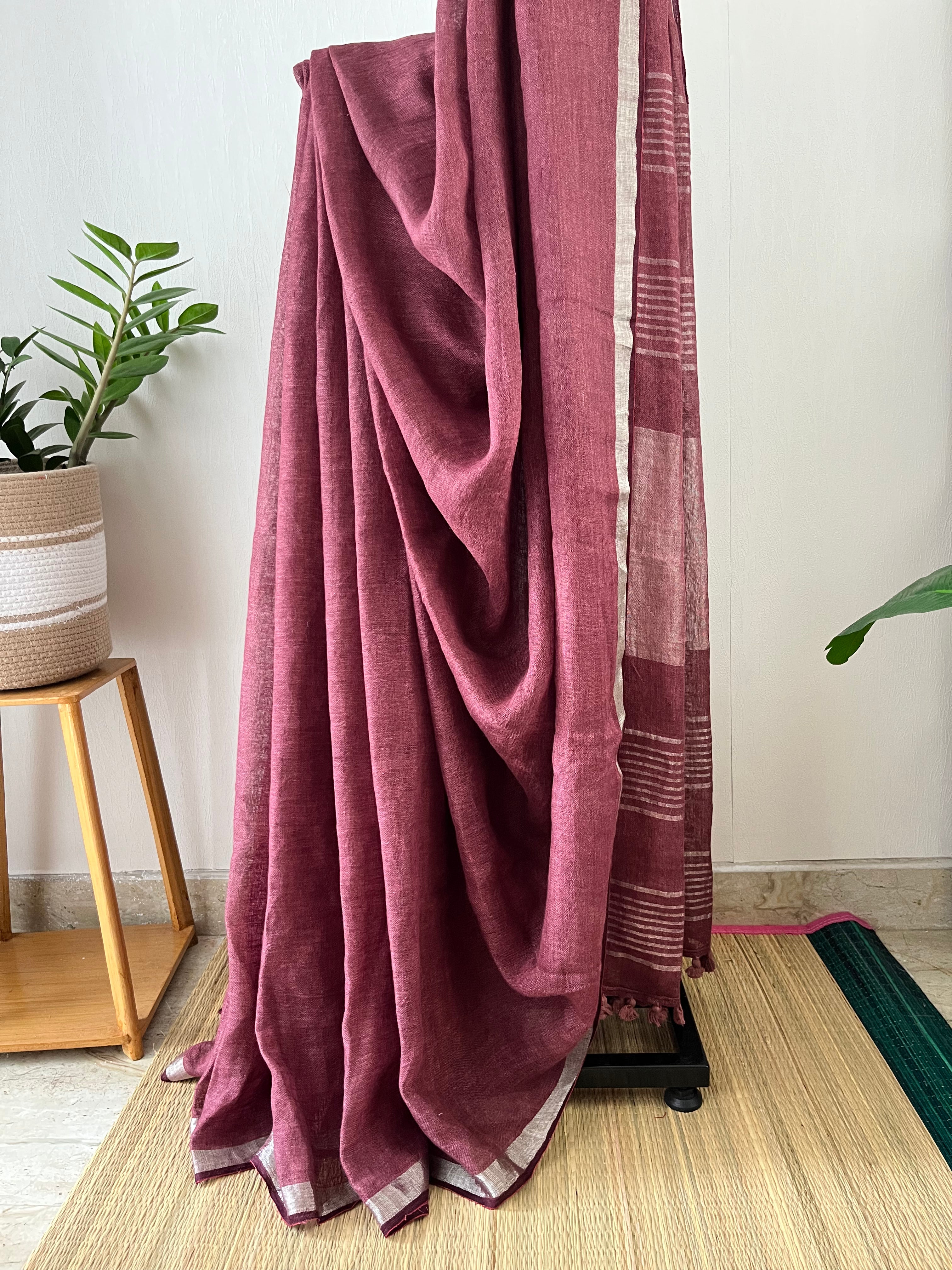 Deep Wine With Silver Border With Running Blouse Piece | Sl-001