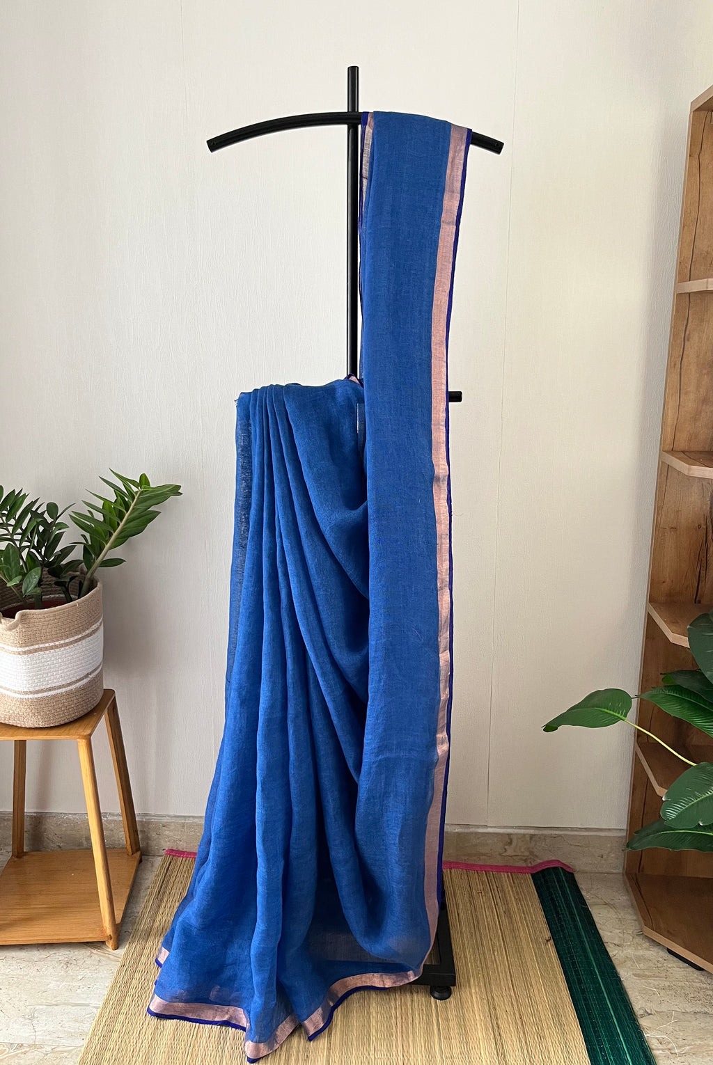 Blue With Navy Blue And Golden Border With Running Blouse | Sl-004