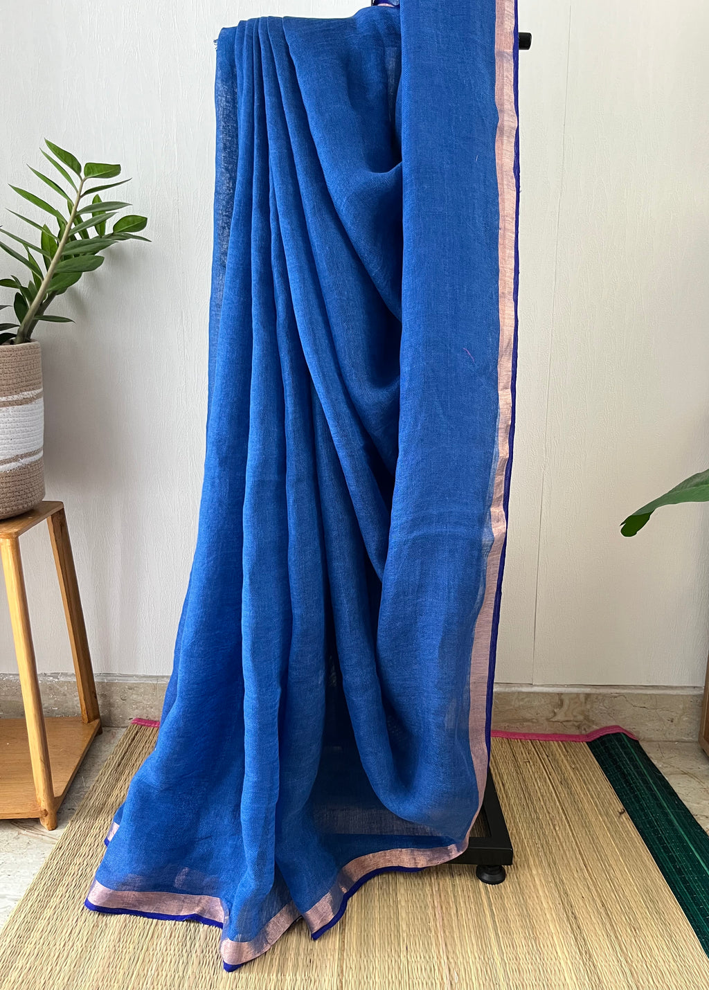 Blue With Navy Blue And Golden Border With Running Blouse | Sl-004