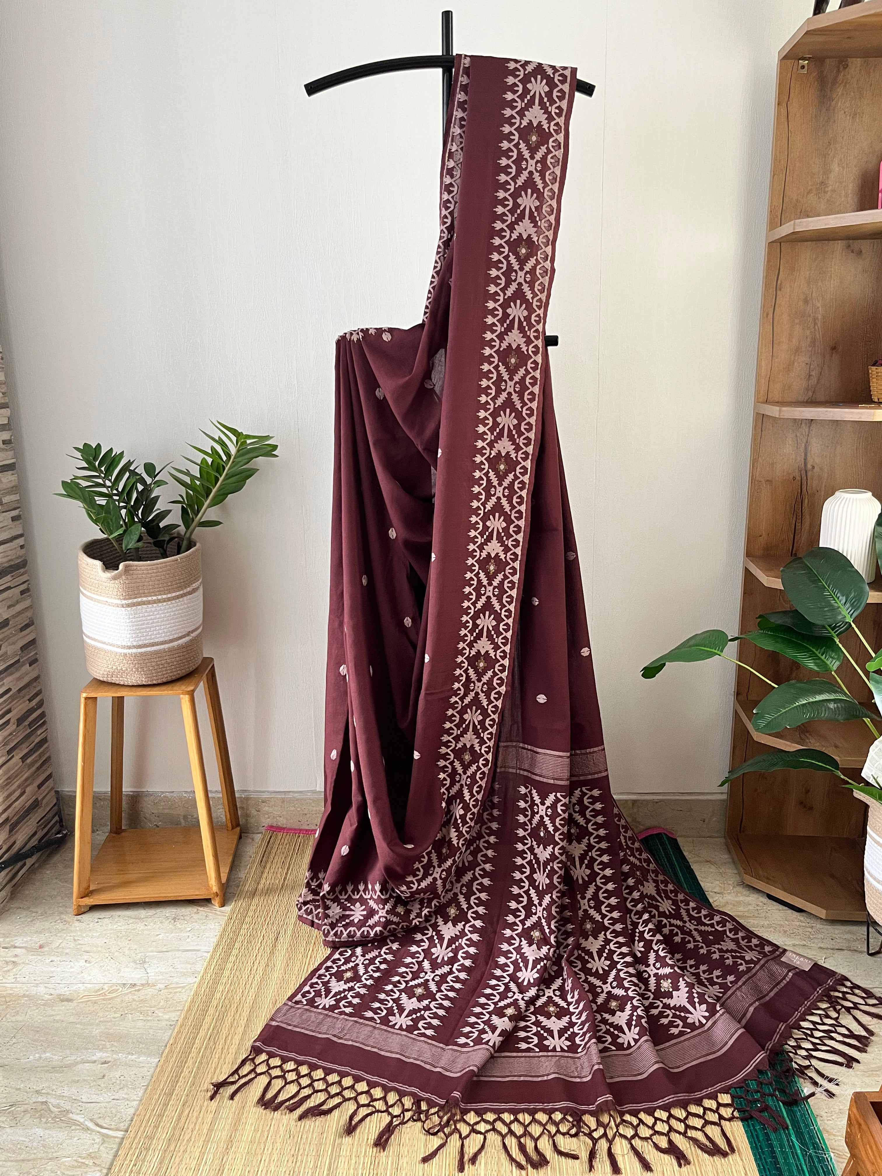 Brown Jamdani With Off White Prints With Running Blouse | Sl-005