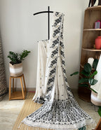 Off White Jamdani With Black Prints With Running Blouse Piece | Sl-006