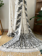 Off White Jamdani With Black Prints With Running Blouse Piece | Sl-006