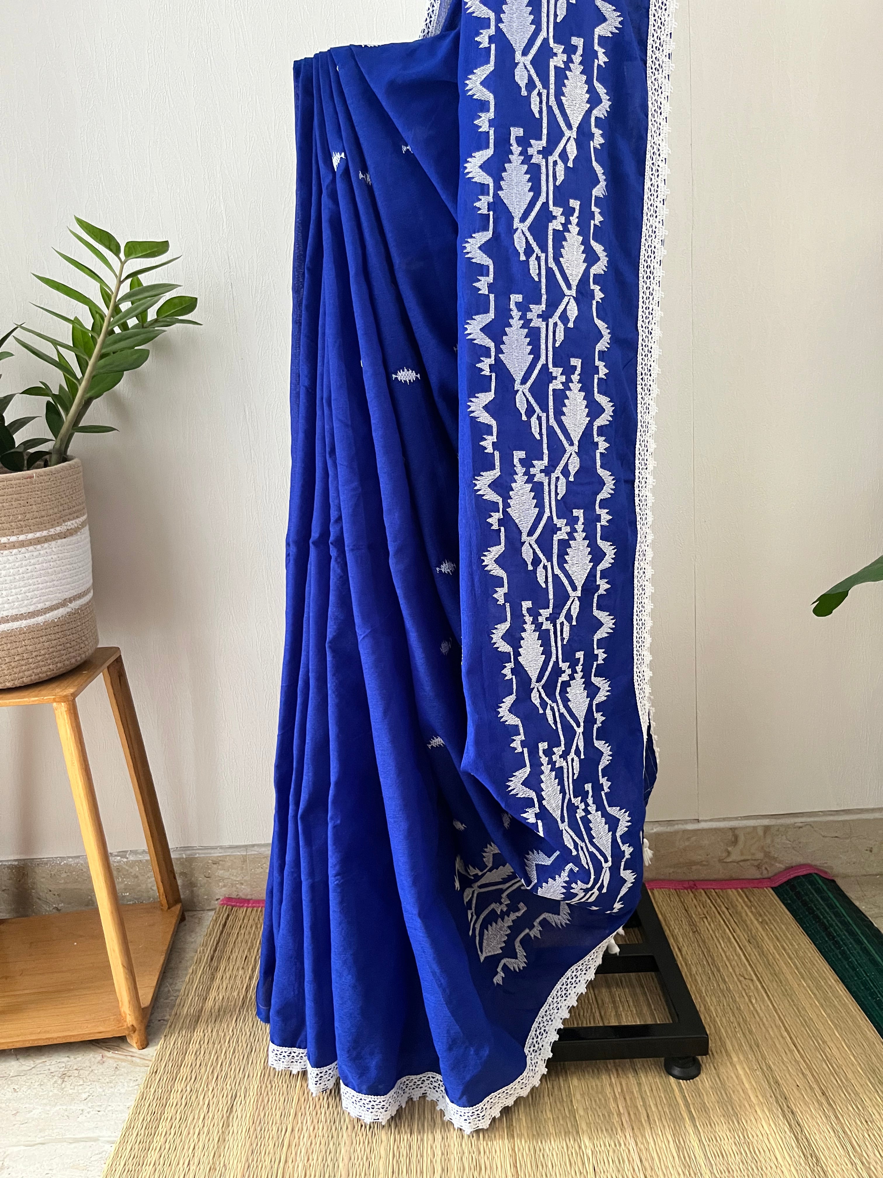 Blue Jamdani White Prints Lace Border With Attached Blouse Piece | Sj-001