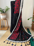 Black Jamdani Red Prints Lace Border With Attached Blouse Piece | Sj-002