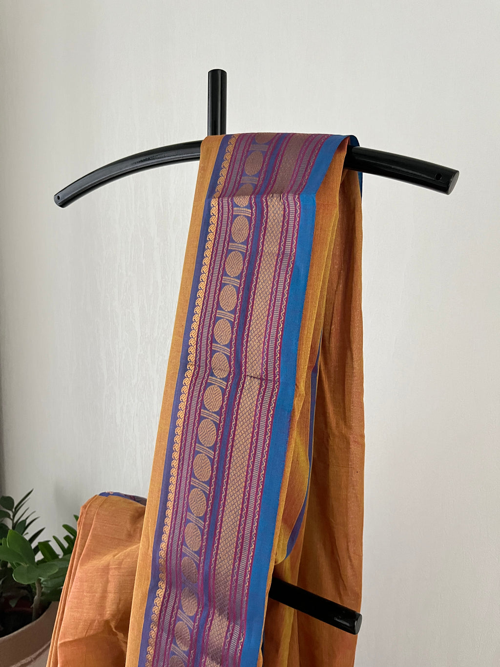 Mustrad With Dual Blue Border With Attached Blouse Piece | Snp-001