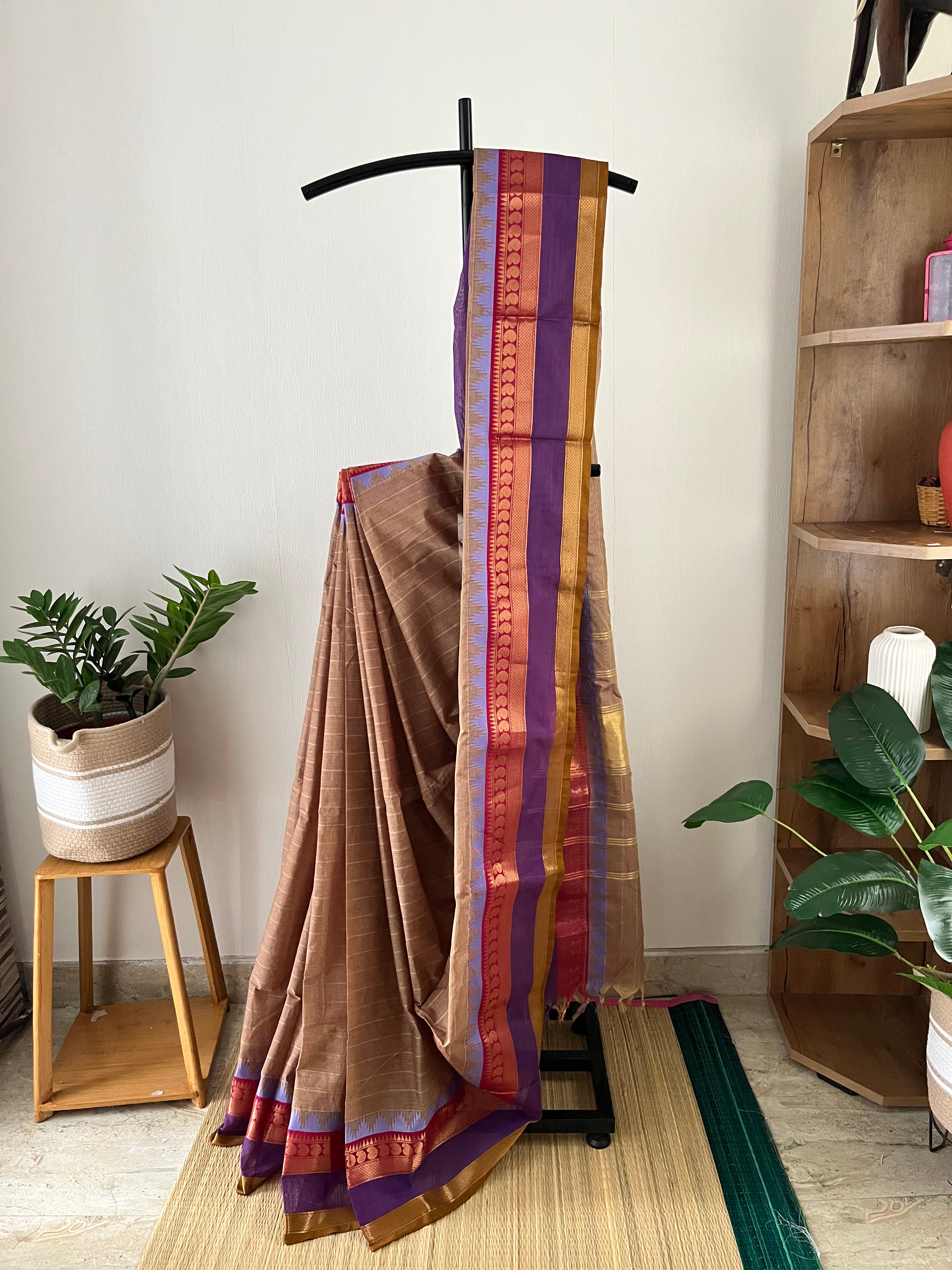 Earthy Brown With Multi Border With Running Blouse Piece | Snp-004