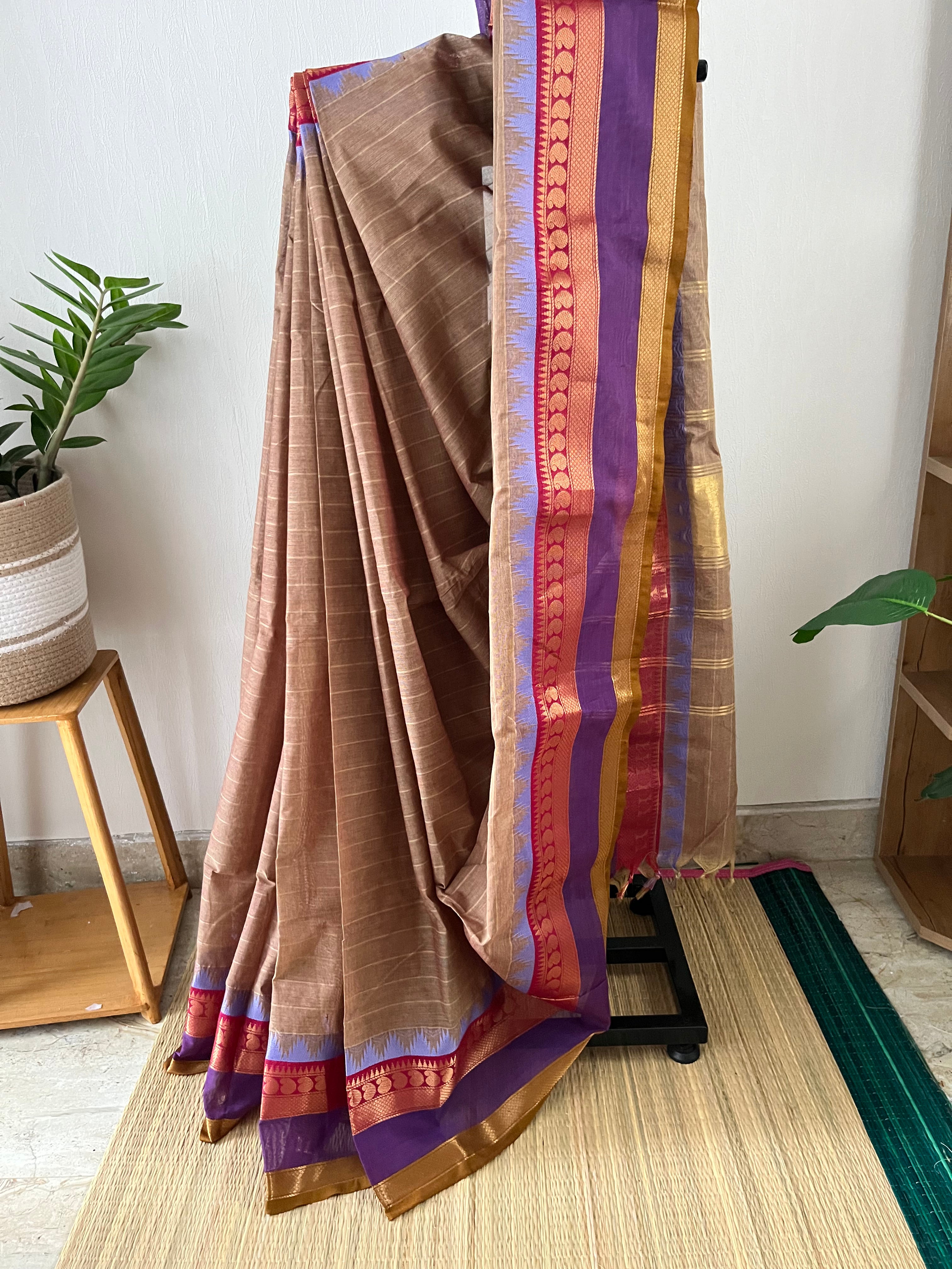 Earthy Brown With Multi Border With Running Blouse Piece | Snp-004