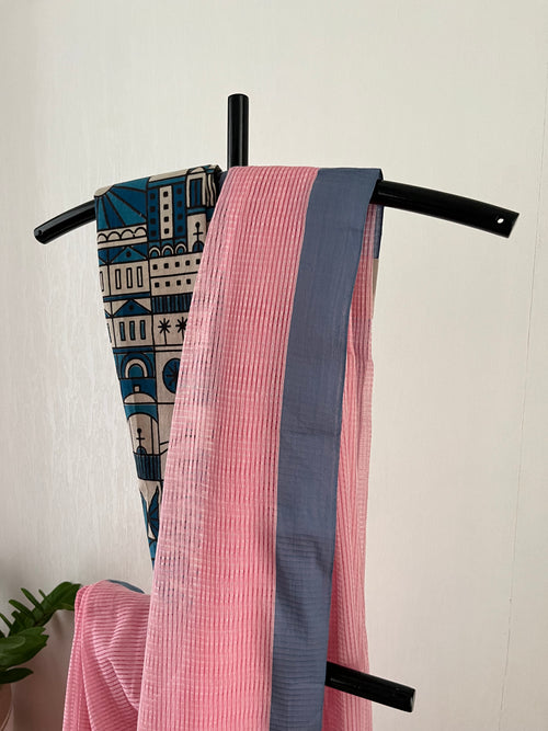 Baby Pink With Powder Blue Border With Blouse Piece | Snp-007