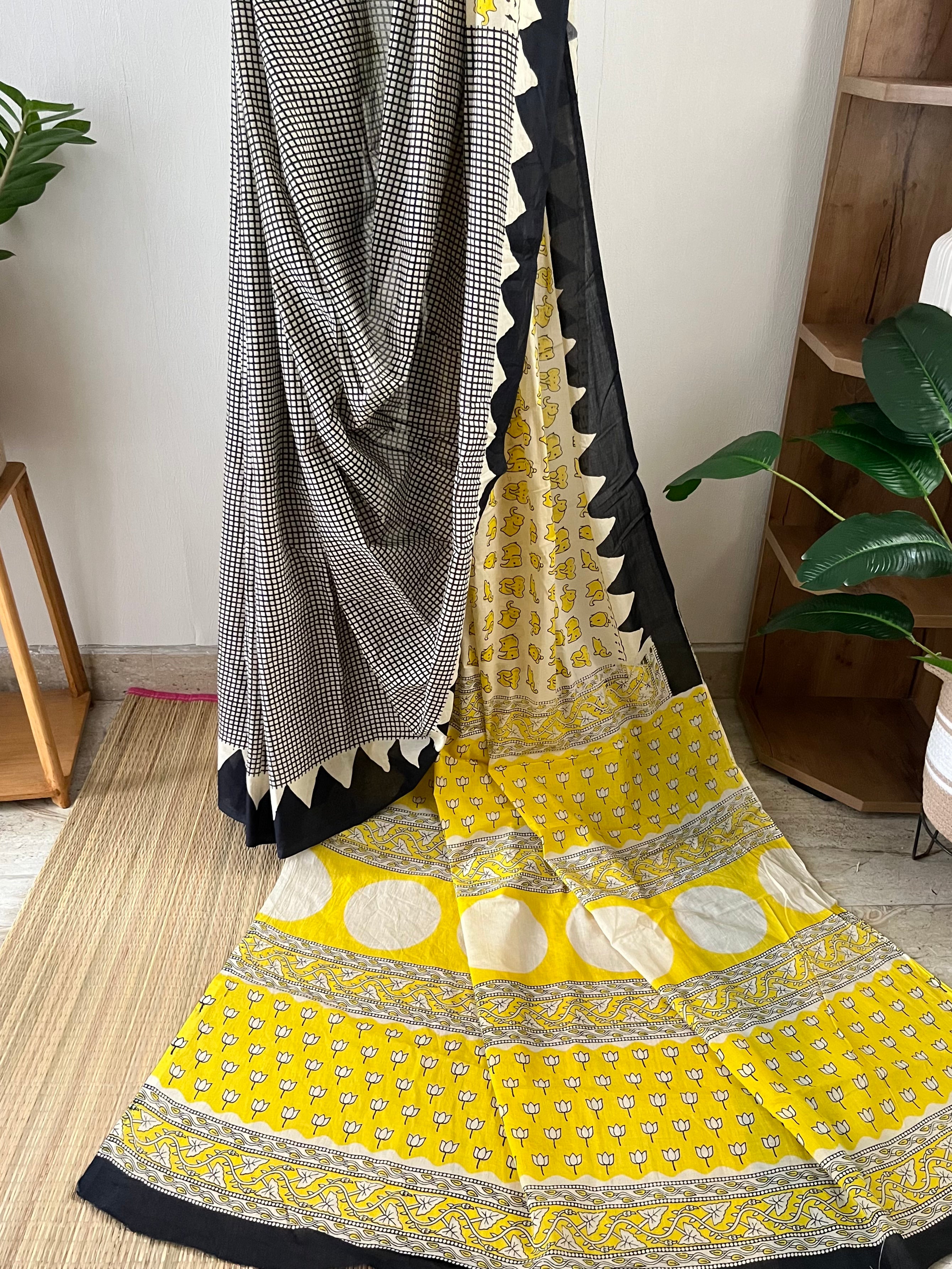 Elephant Print Bagru Saree With Blouse Piece | Sb-001