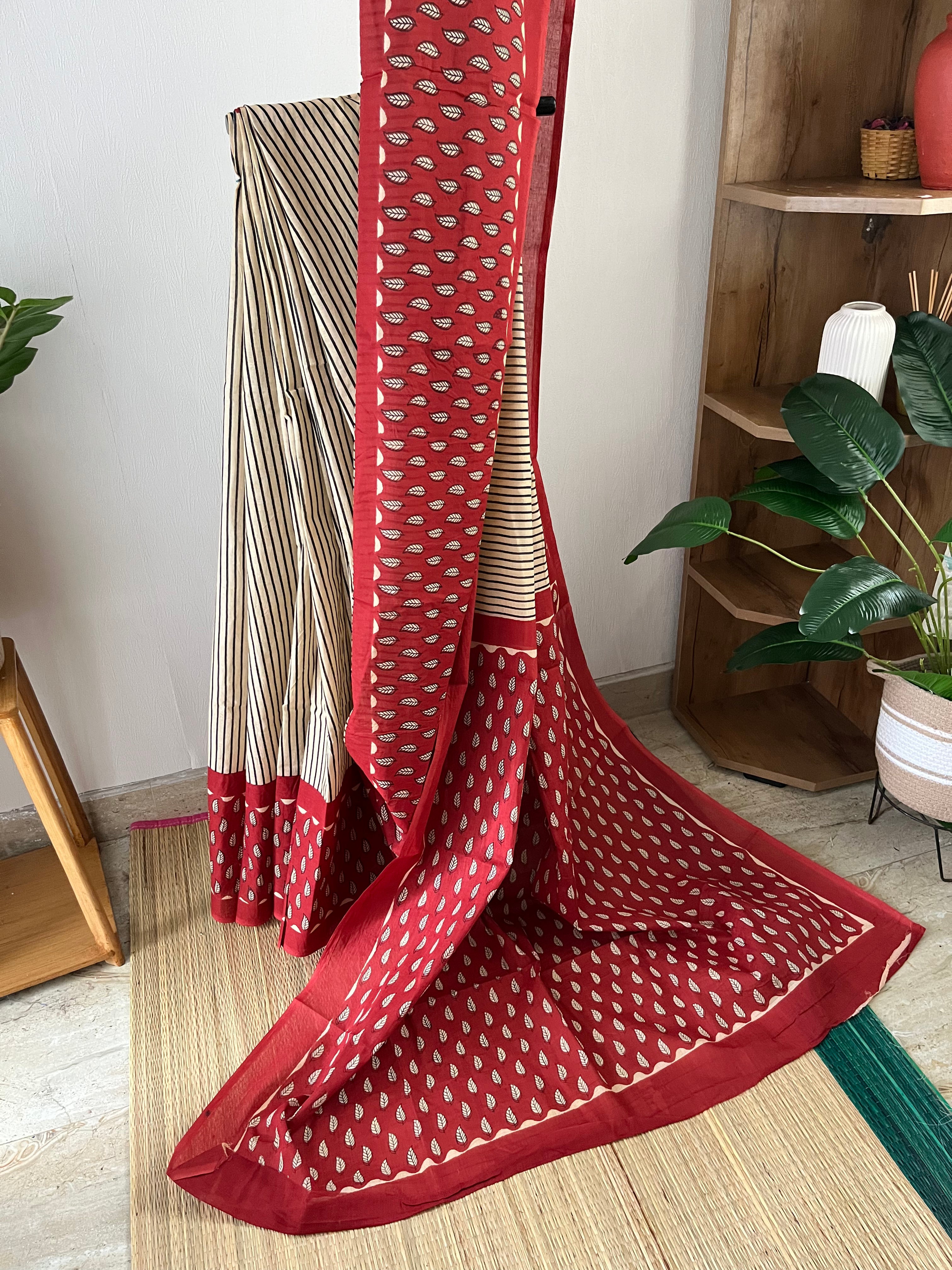 Leaf Print Bagru Maroon Saree With Blouse Piece | Sb-002