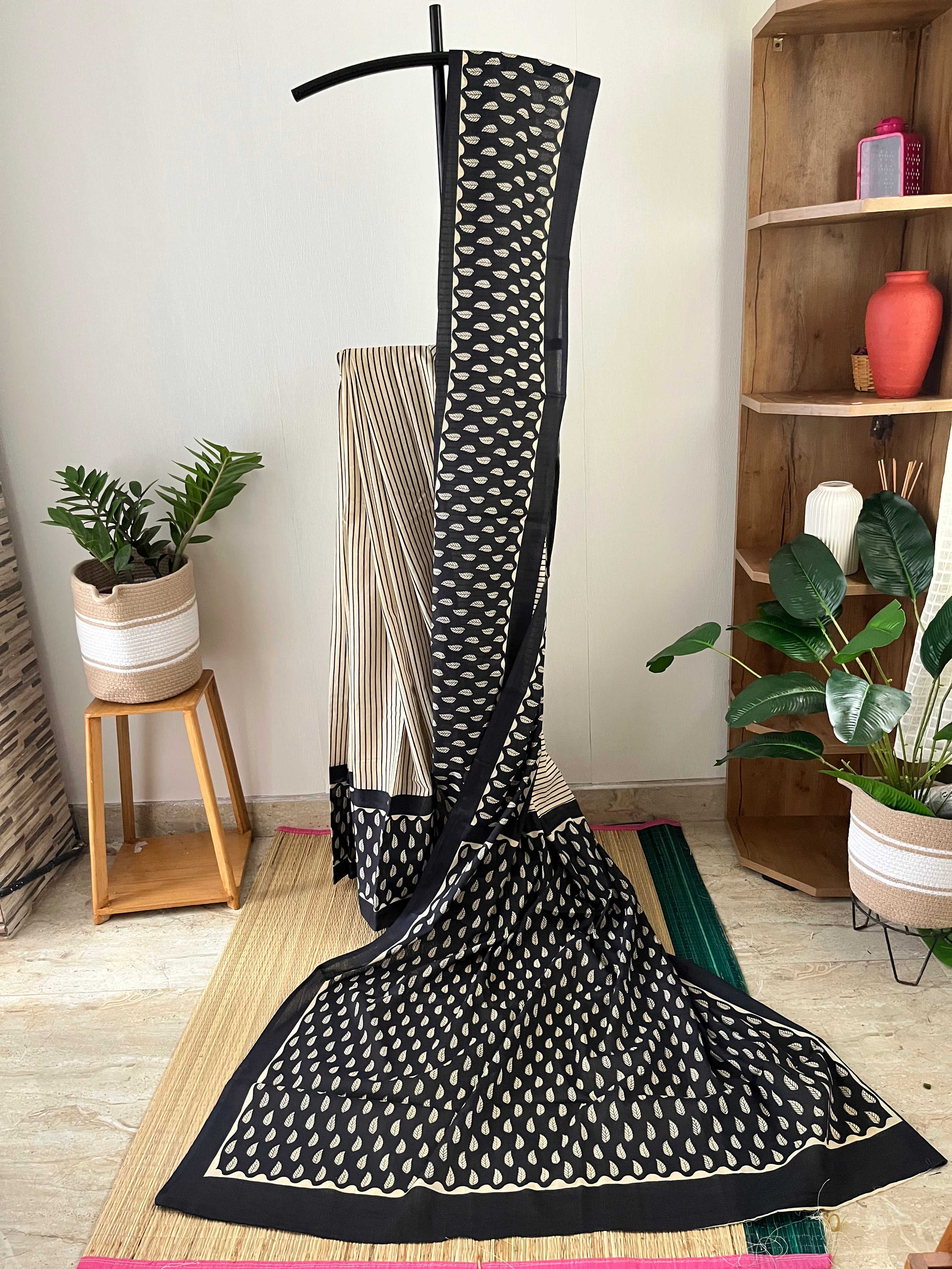 Leaf Print Bagru Black Saree With Blouse Piece | Sb-003
