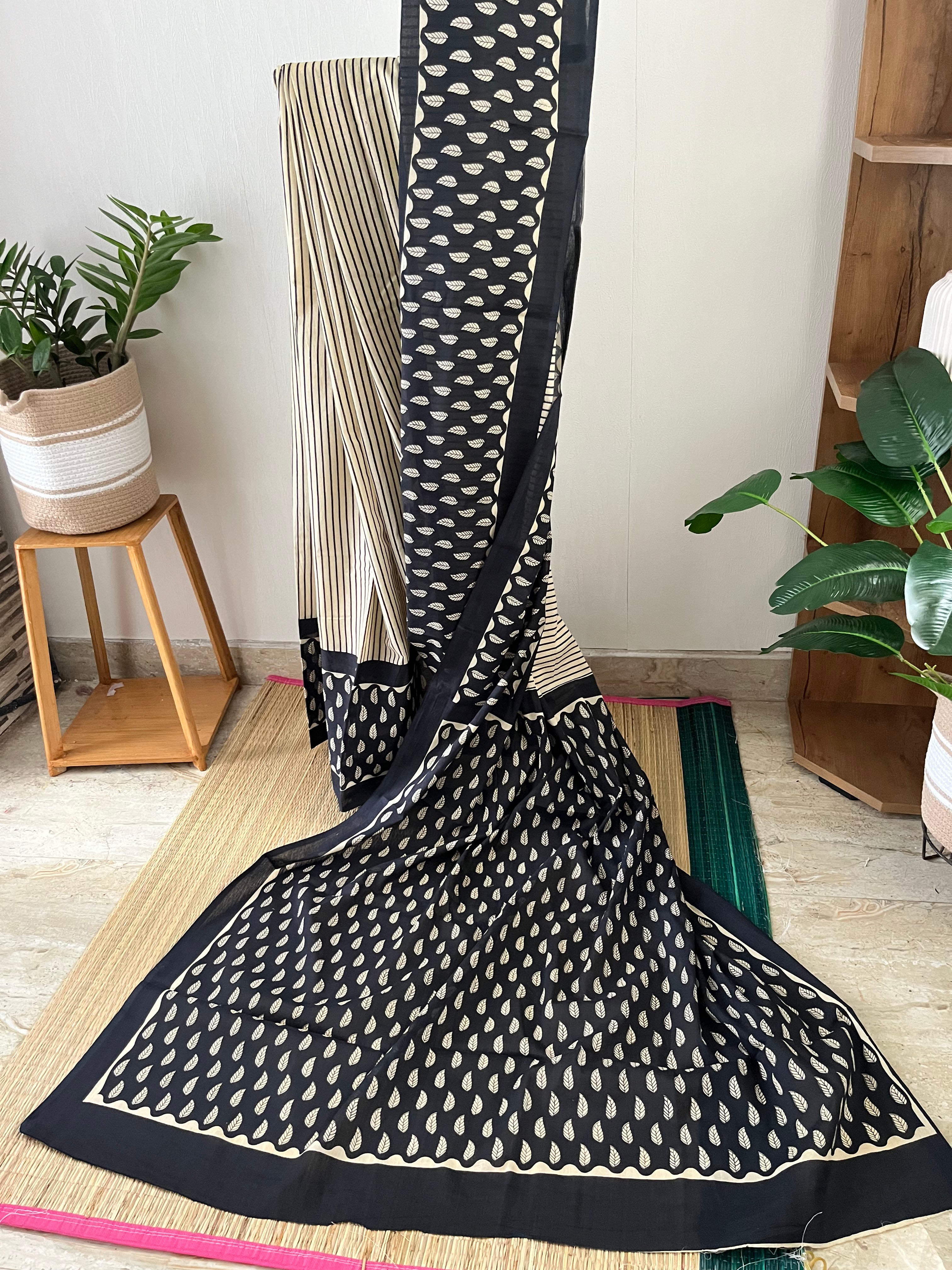 Leaf Print Bagru Black Saree With Blouse Piece | Sb-003
