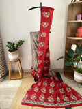 Beige Stripes And Red Floral With Blouse Piece | Sb-004