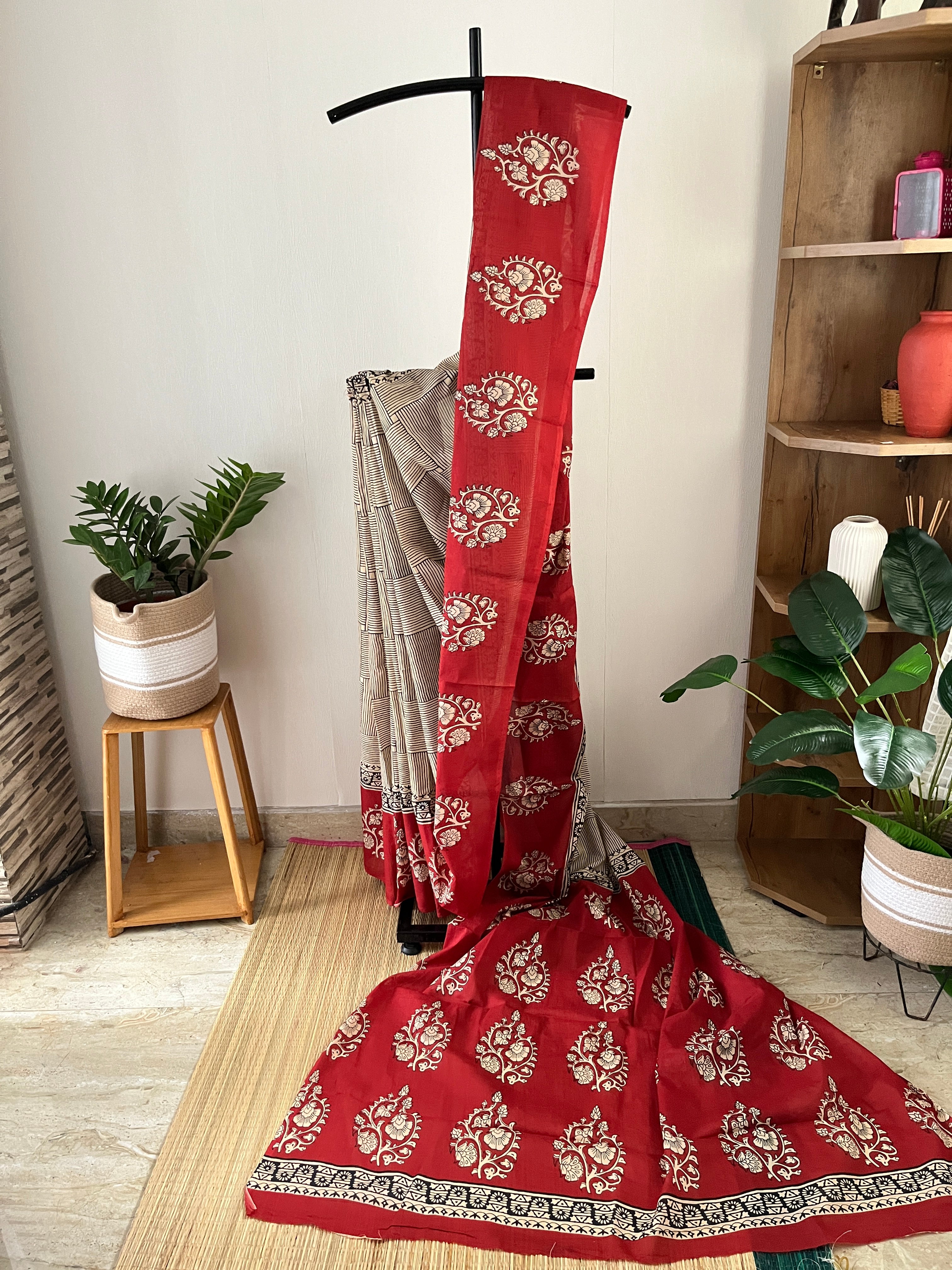 Beige Stripes And Red Floral With Blouse Piece | Sb-004