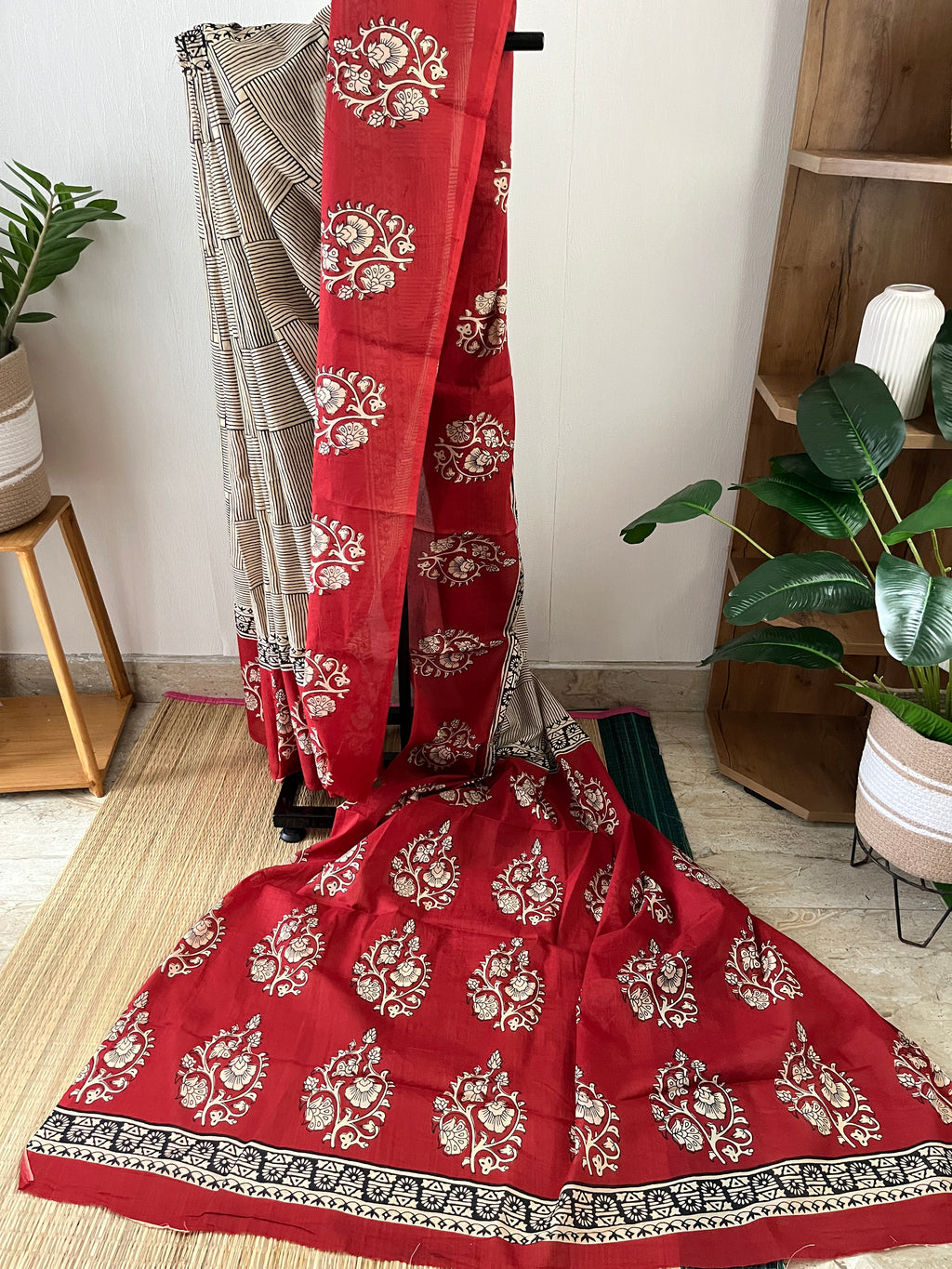Beige Stripes And Red Floral With Blouse Piece | Sb-004