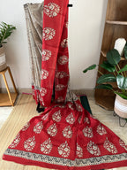 Beige Stripes And Red Floral With Blouse Piece | Sb-004