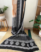 Biscuit Colour With Black And White Print Saree With Blouse Piece | Sb-005