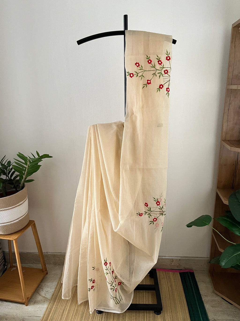 Beige With Red Floral Embroidered With Blouse Piece | Sk-001