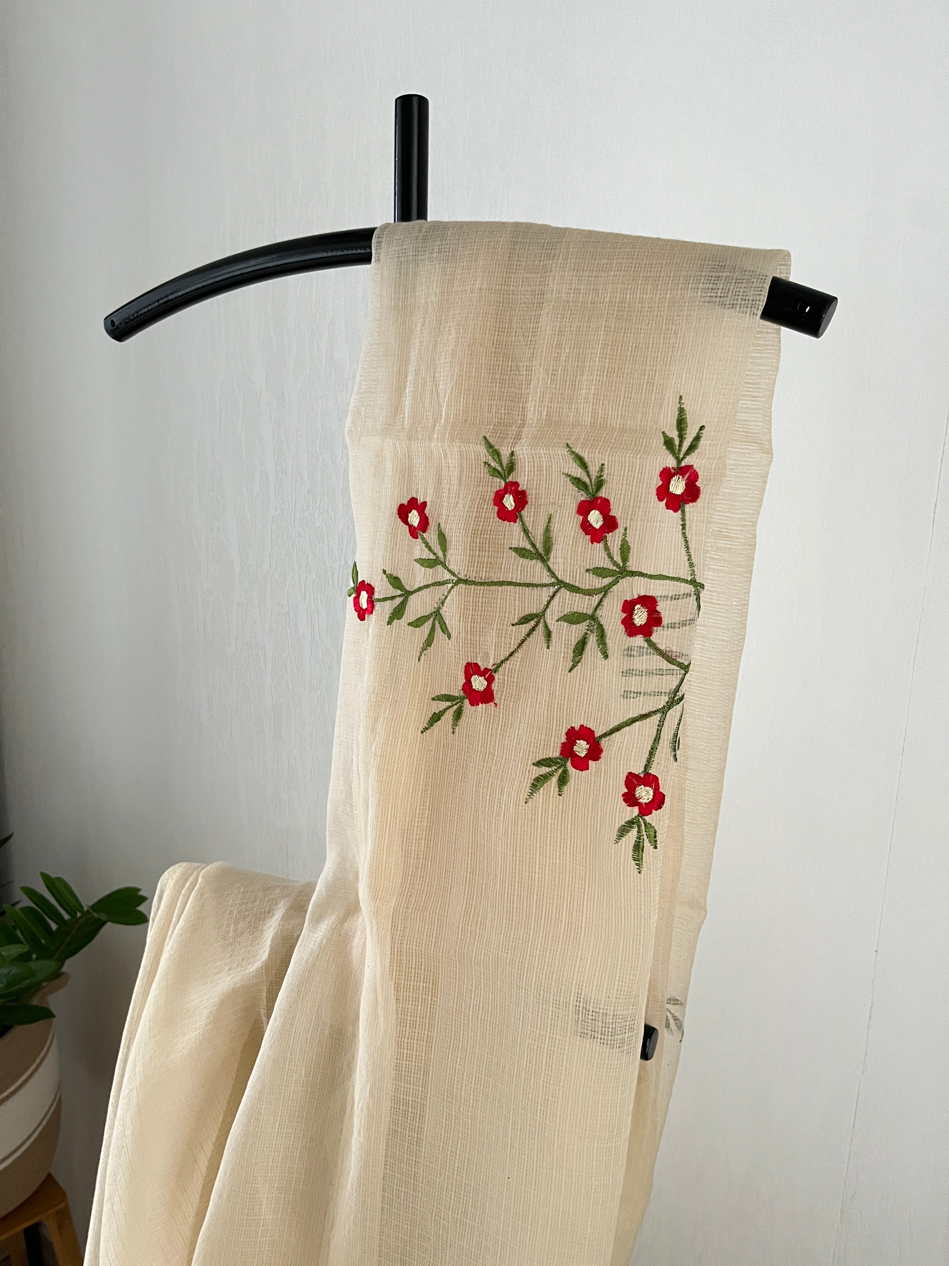 Beige With Red Floral Embroidered With Blouse Piece | Sk-001