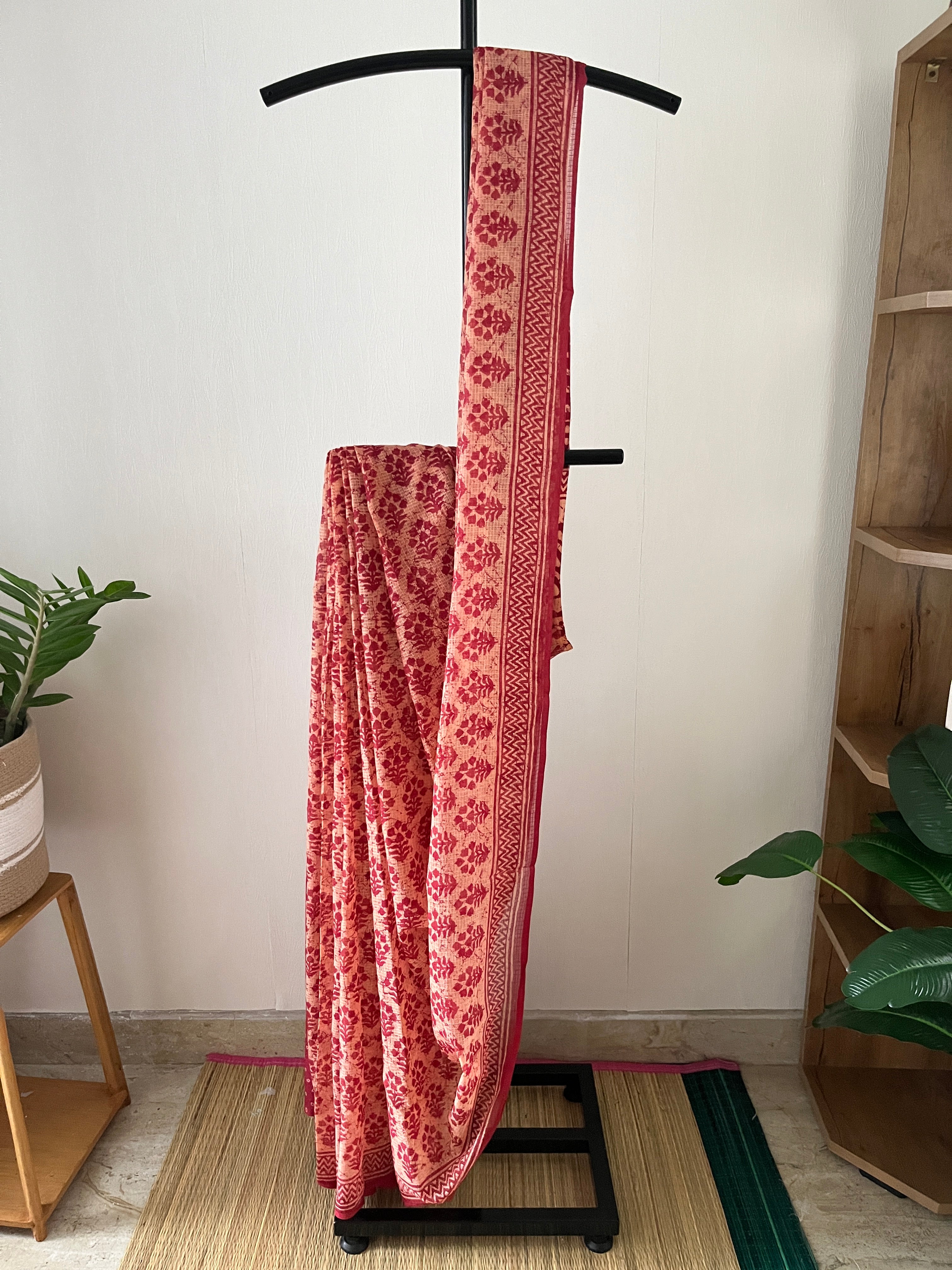 Peach With Red Prints With Blouse Piece | Sk-008