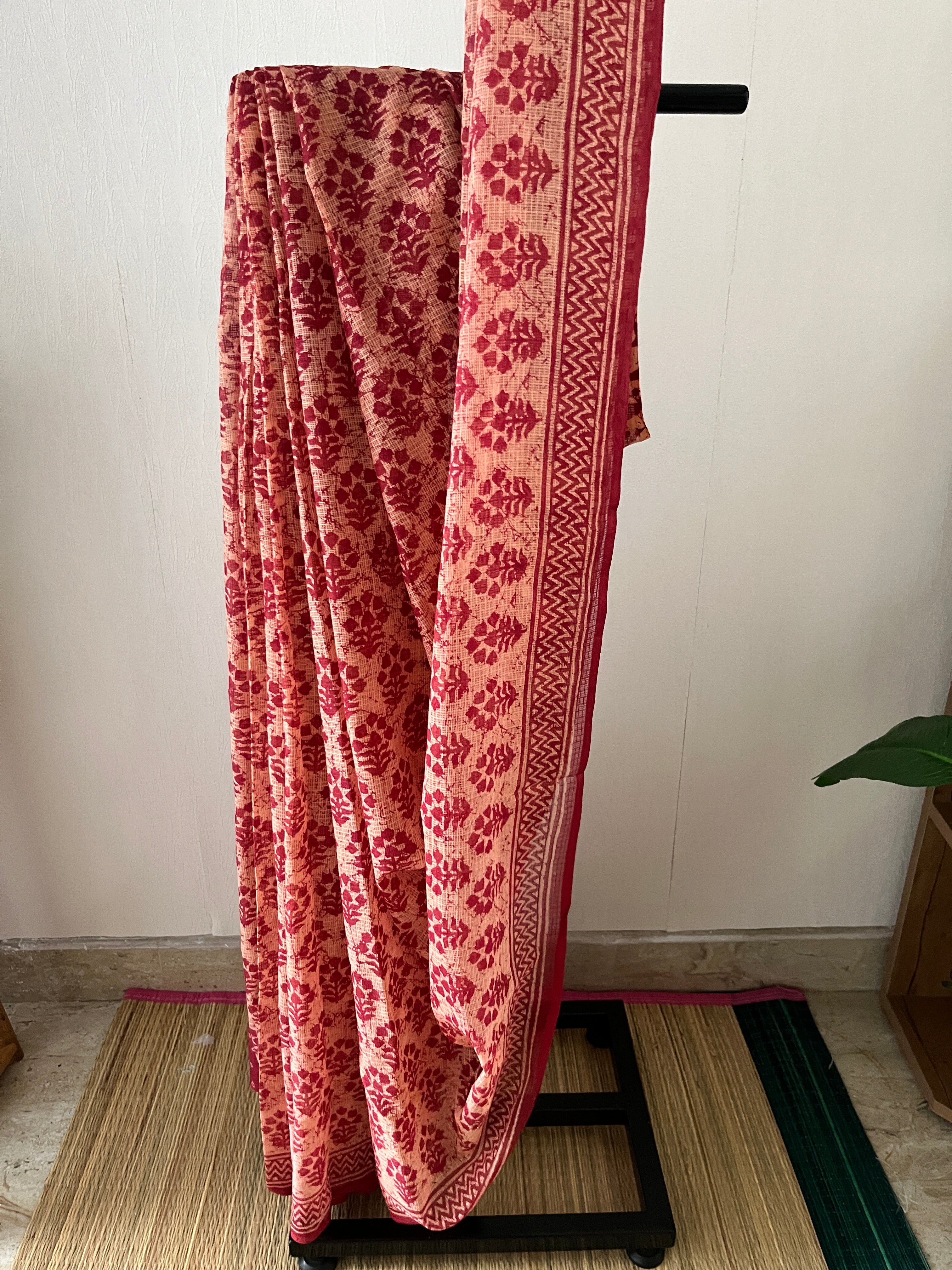 Peach With Red Prints With Blouse Piece | Sk-008