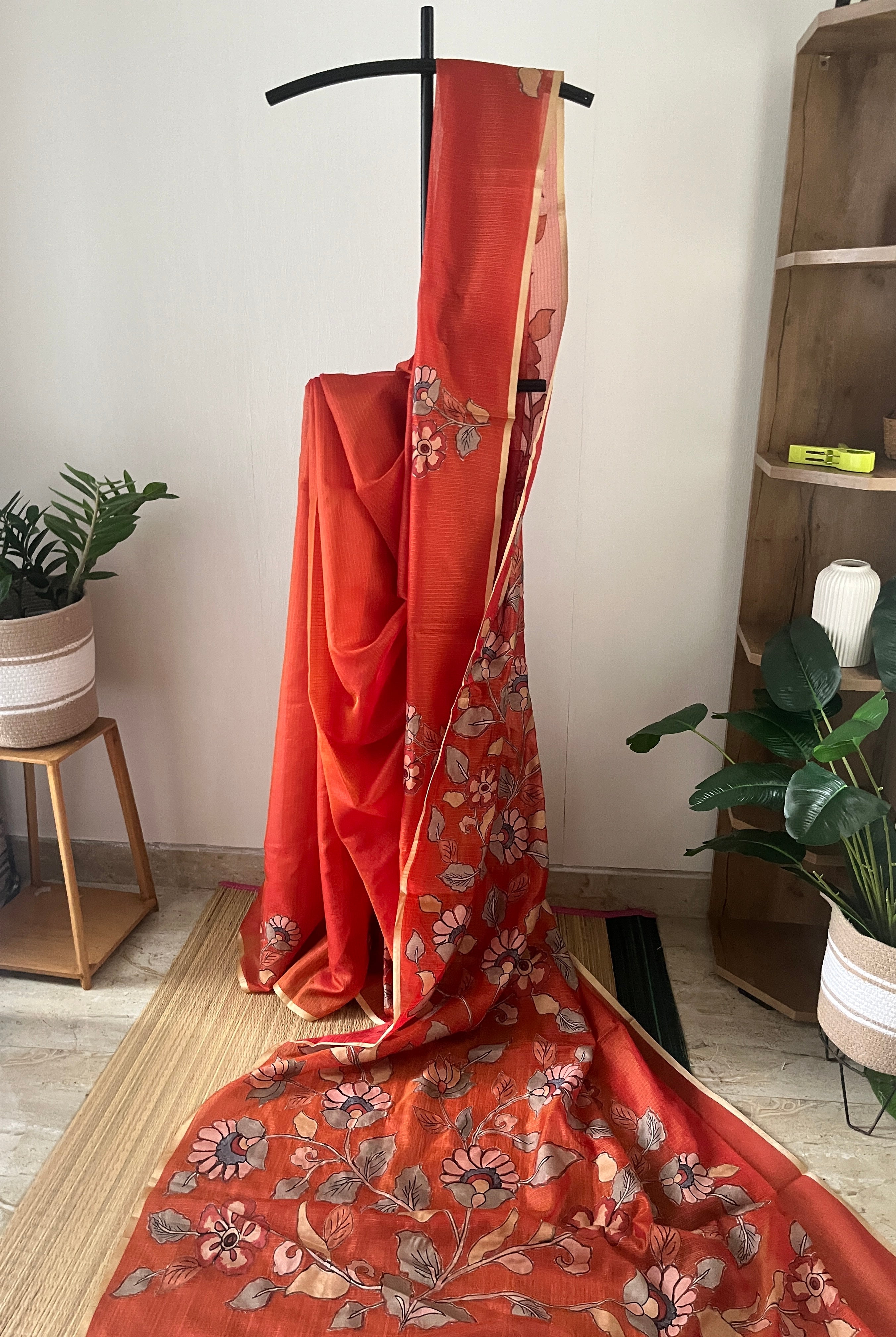 Orange Soft Silk Kota With Applique Work With Blouse Piece | Sk-009
