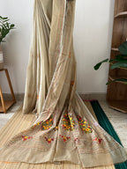 Beige Semi Chanderi Kantha Work With Blouse Piece | Sck-001