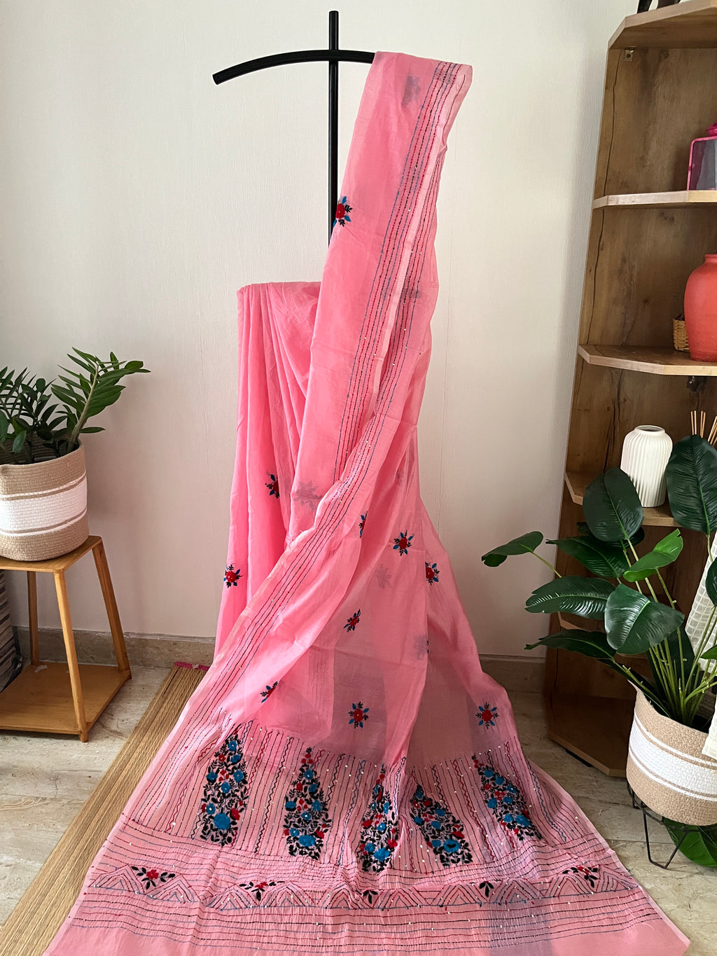 Pink Semi Chanderi Kantha Work With Blouse Piece | Sck-002