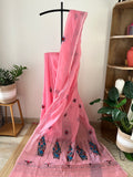 Pink Semi Chanderi Kantha Work With Blouse Piece | Sck-002