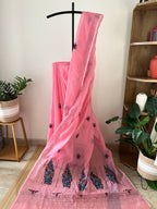 Pink Semi Chanderi Kantha Work With Blouse Piece | Sck-002