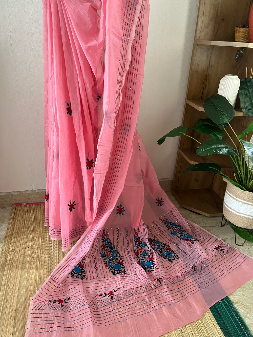 Pink Semi Chanderi Kantha Work With Blouse Piece | Sck-002