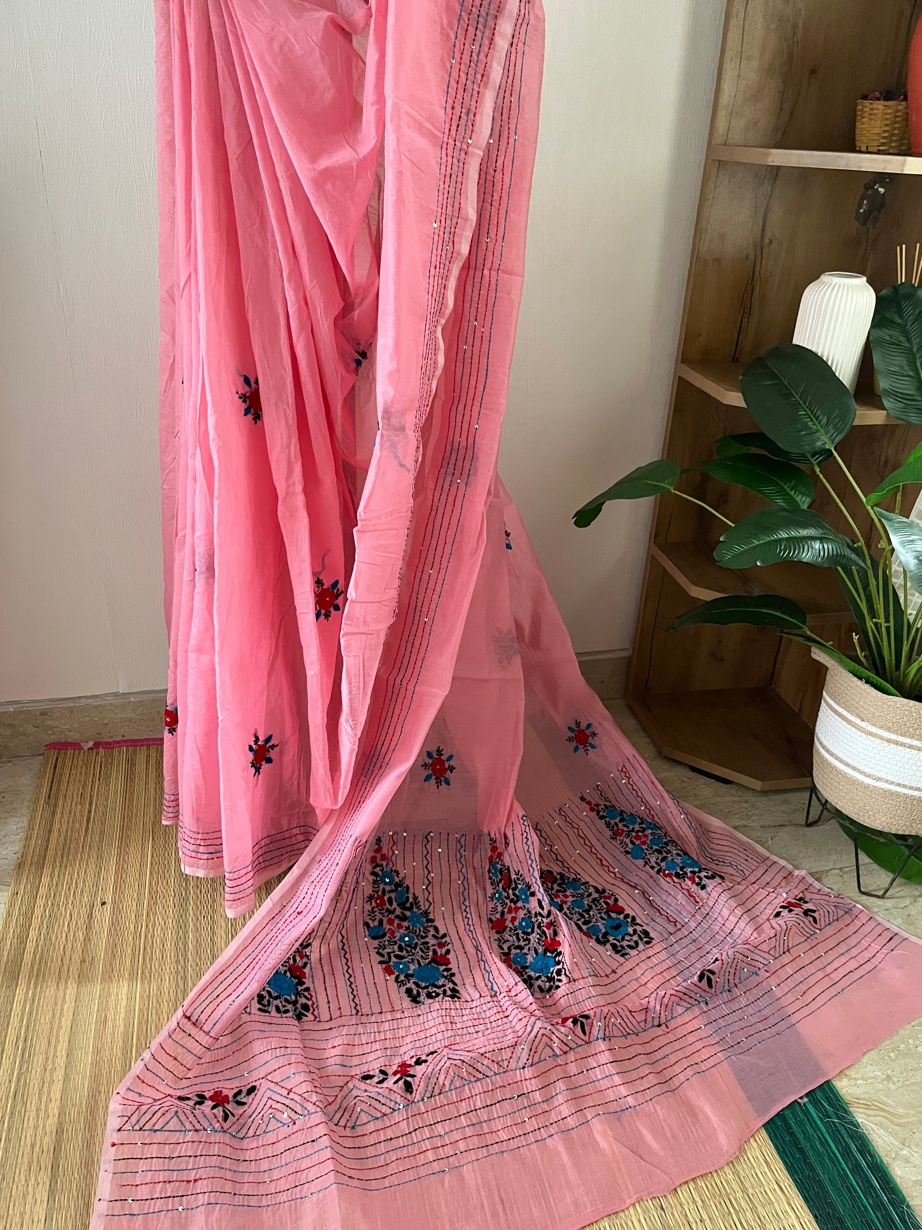 Pink Semi Chanderi Kantha Work With Blouse Piece | Sck-002
