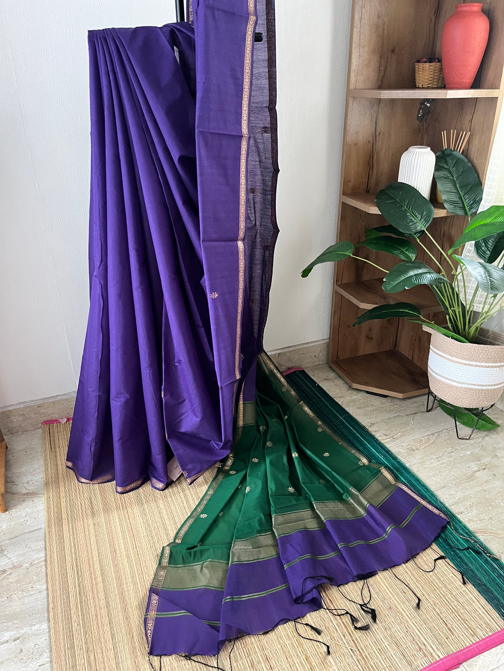 Violet And Green Maheswari Silk Saree With Blouse Piece | Sms-001