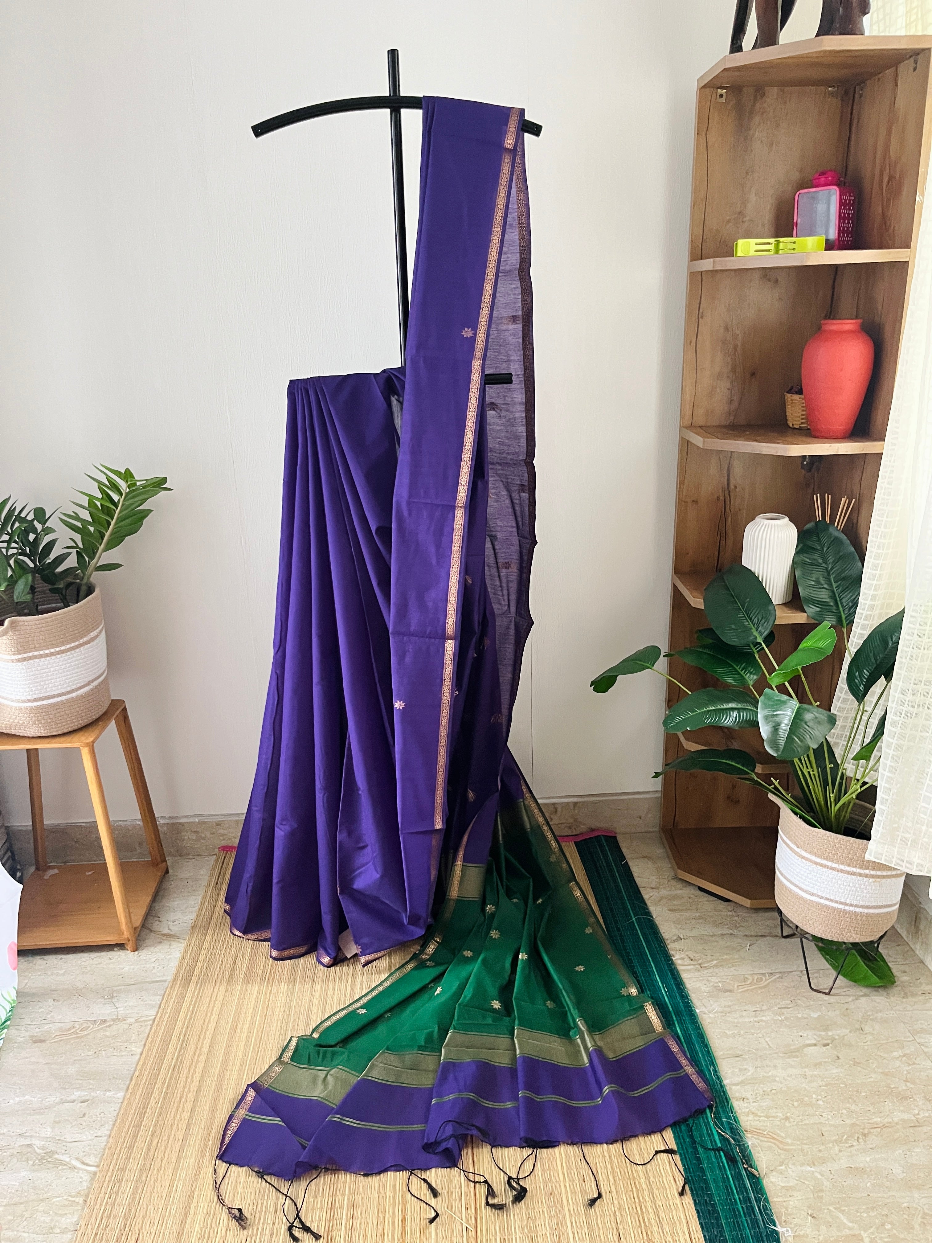 Violet And Green Maheswari Silk Saree With Blouse Piece | Sms-001