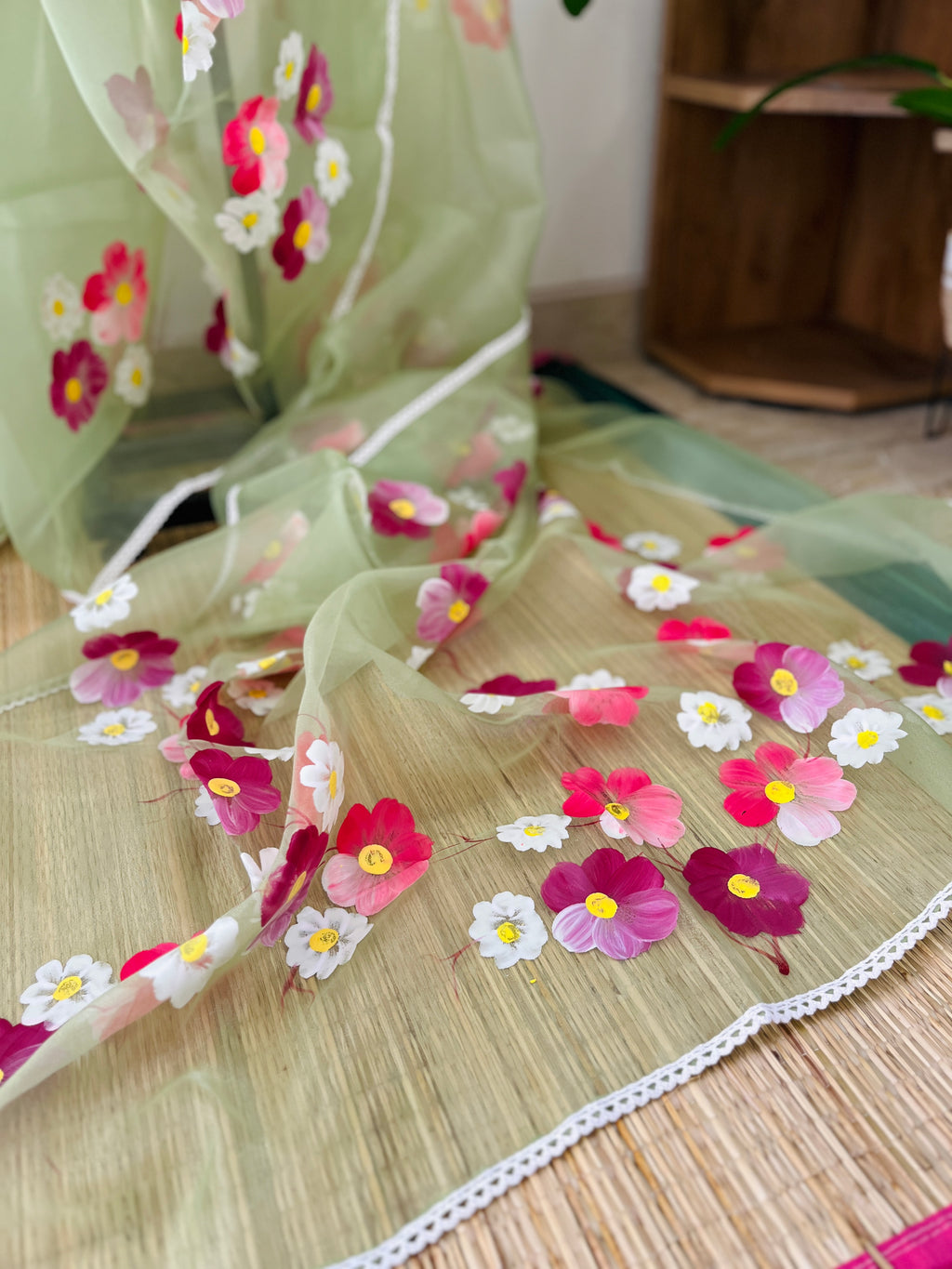 Pastel Green Semi Organza Floral Saree | So-001