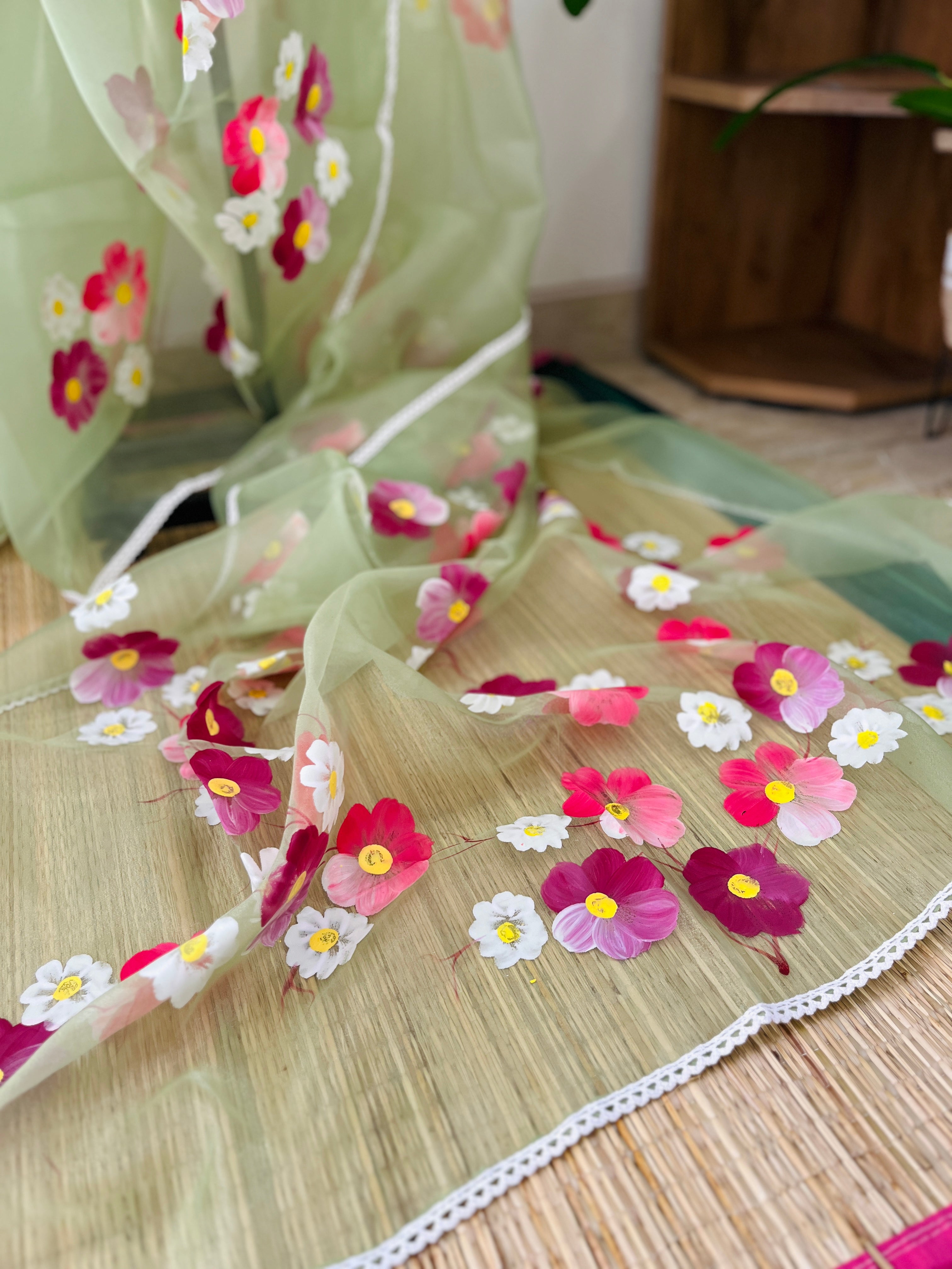 Pastel Green Semi Organza Floral Saree | So-001