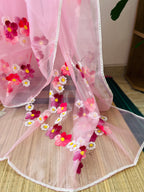 Pastel Pink Semi Organza Floral Saree With Blouse Piece | So-002