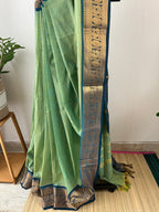 Snp-014- dual tone pista green and blue kanchi cotton saree