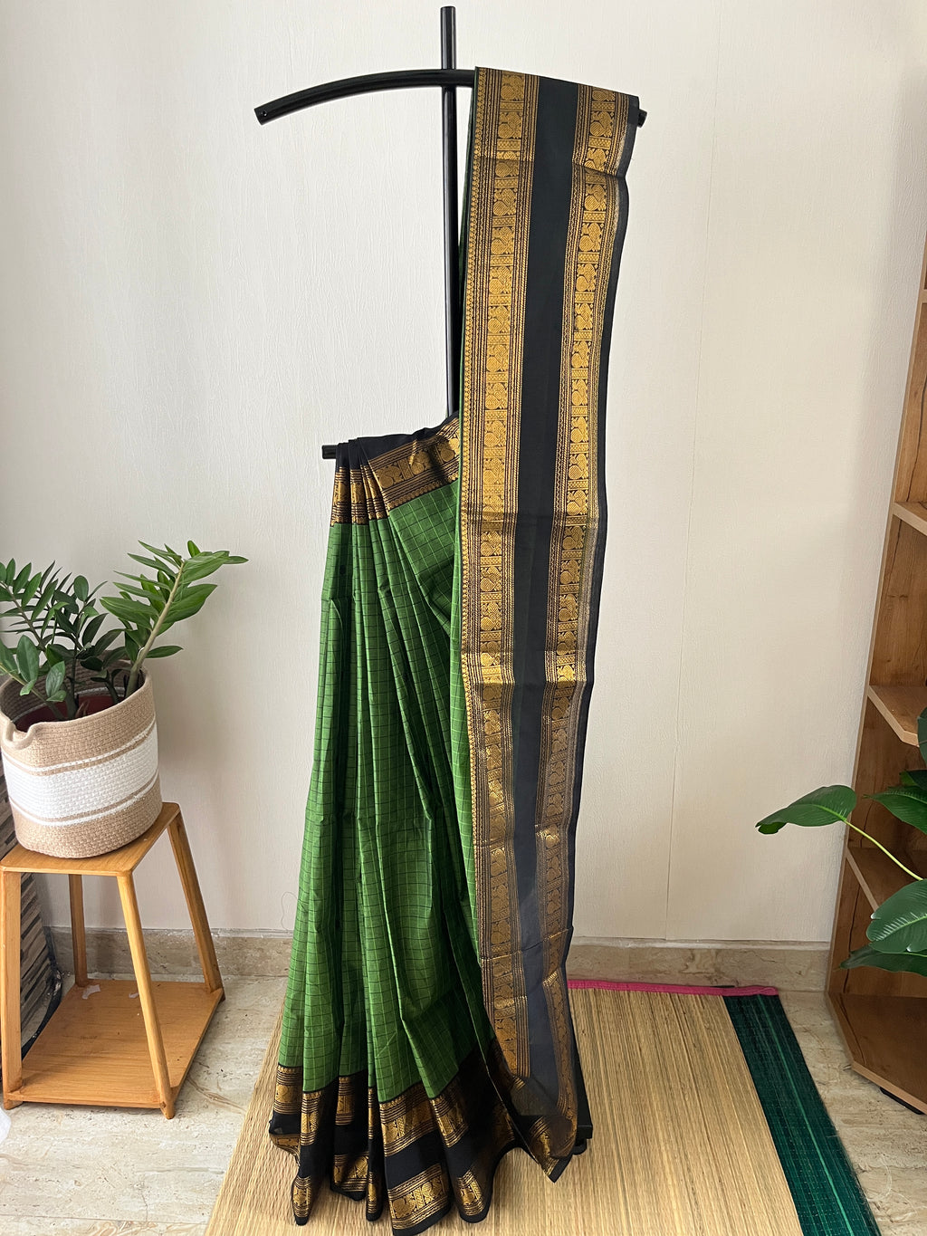Snp-015 green and black rettapett kanchi cotton saree
