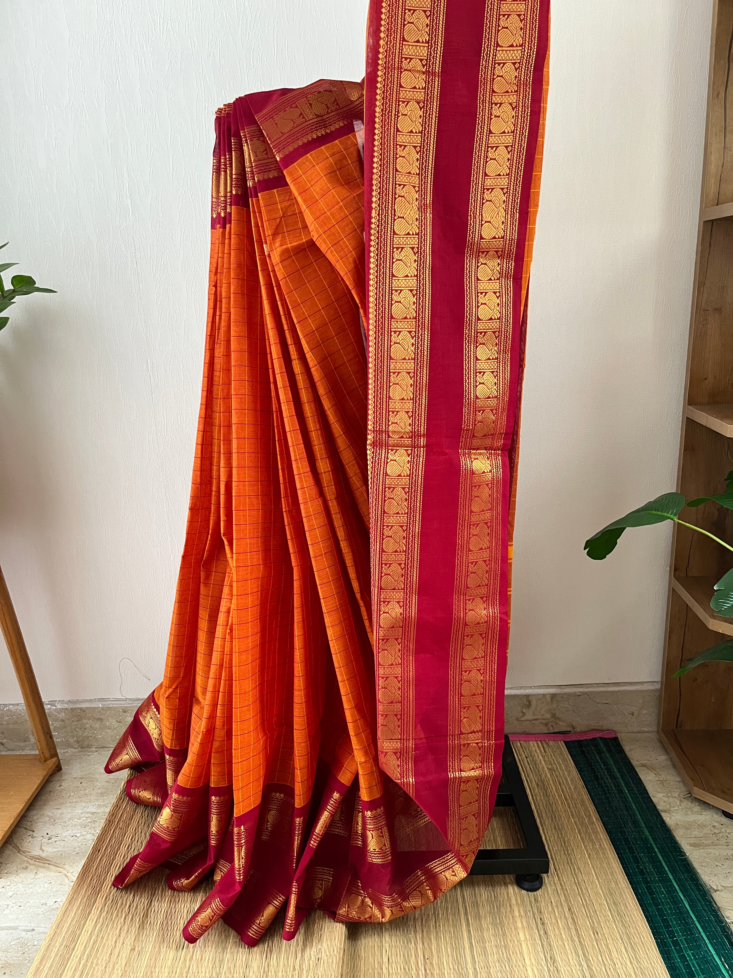 Snp-016-mustard and maroon kanchi cotton saree with running blouse piece