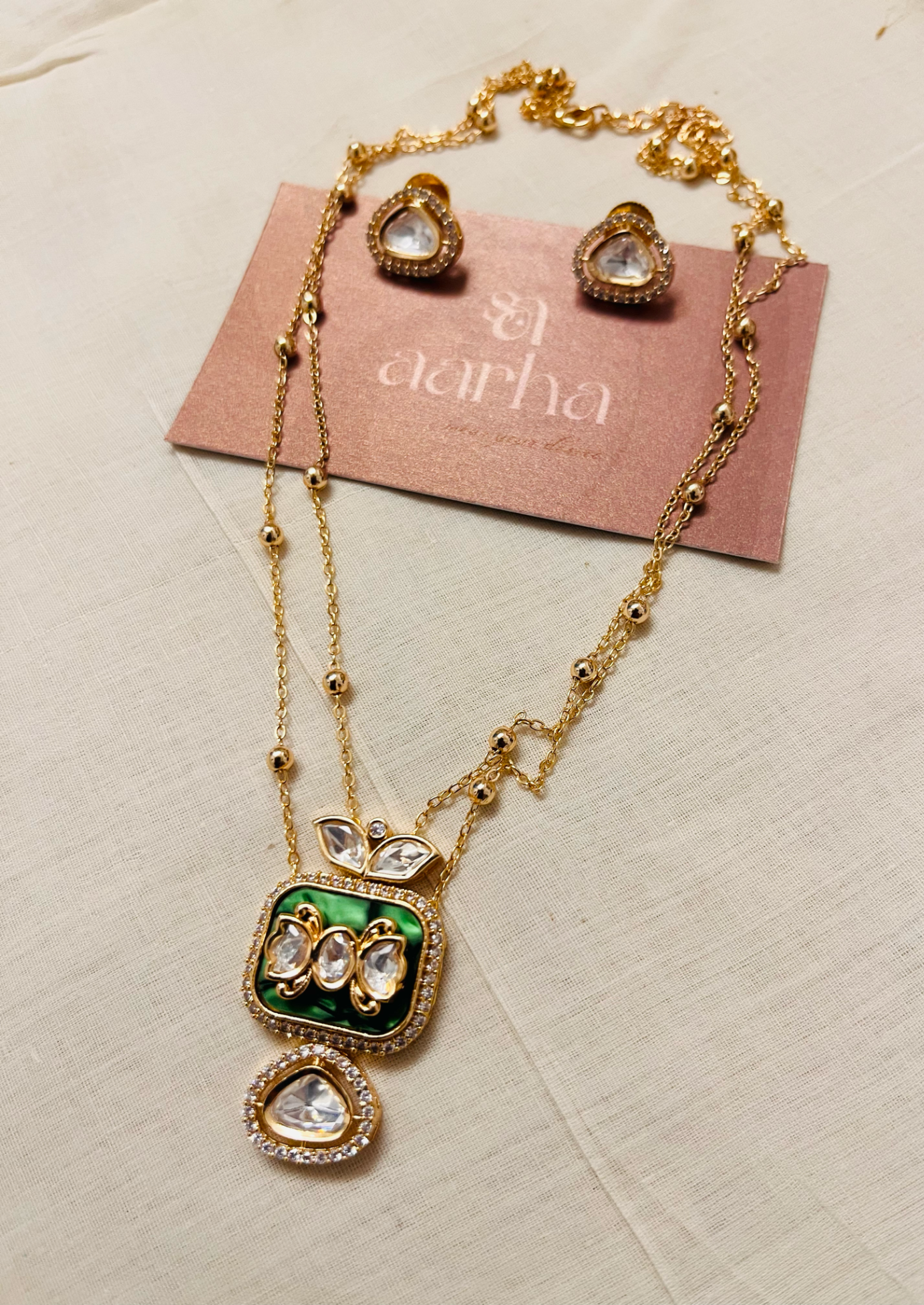 Gold Plated Long Chain Emerald | N017